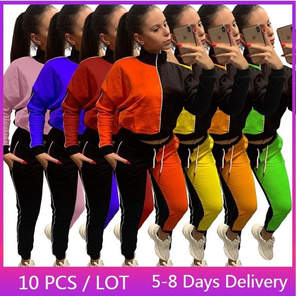 

women's two piece pants wholesale items fall casual tracksuit women fitness workout jacket crop and set color patchwork joging suits fo, White