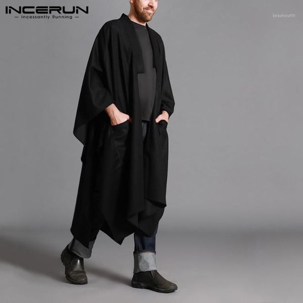 

men's trench coats men long sleeve open stitch windbreaker incerun fashion solid color pockets style mens loose irregular jackets, Tan;black
