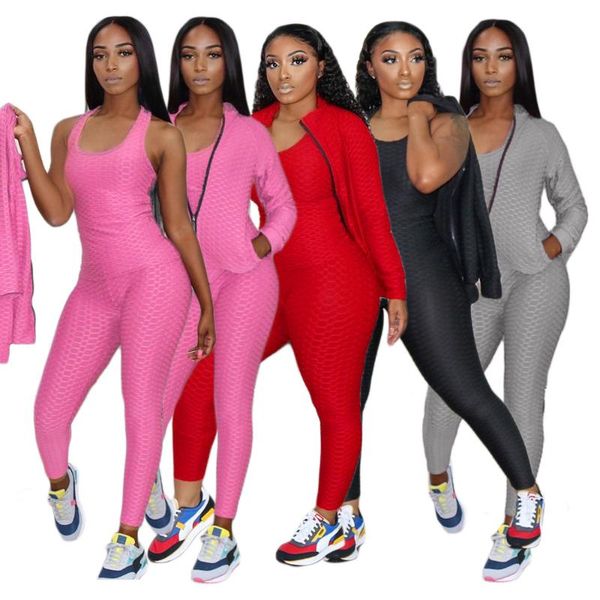 

women's tracksuits 2021 women 3 piece sporty suits skinny tank +bodycon jogger sweatpant+long sleeve zipper coat matching sets, Gray