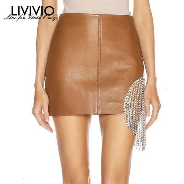 [Livivio] Asimétricas Cristal Borla PU Couro Mini Saias para Mulheres Cintura alta Uma Linha Saia Feminino Outono Streetwear 210330