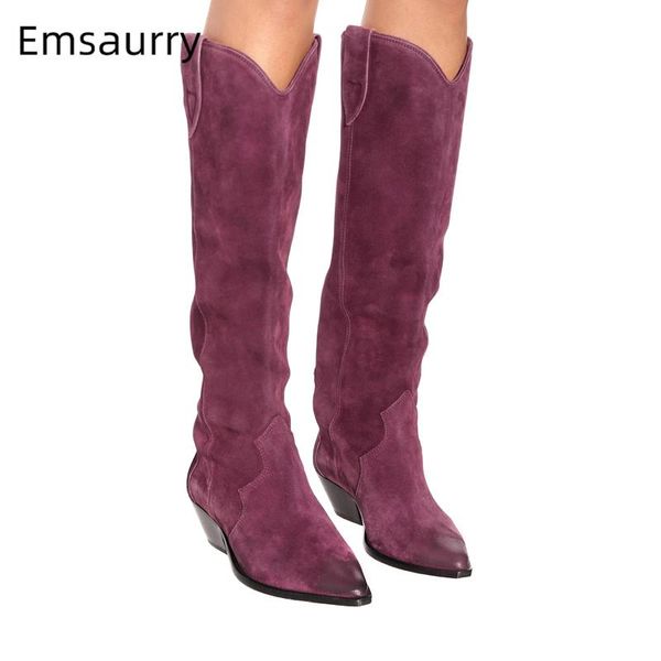 

boots vintage style suede knee high women med square heel pointed toe sewing patchwork winter long booties for, Black