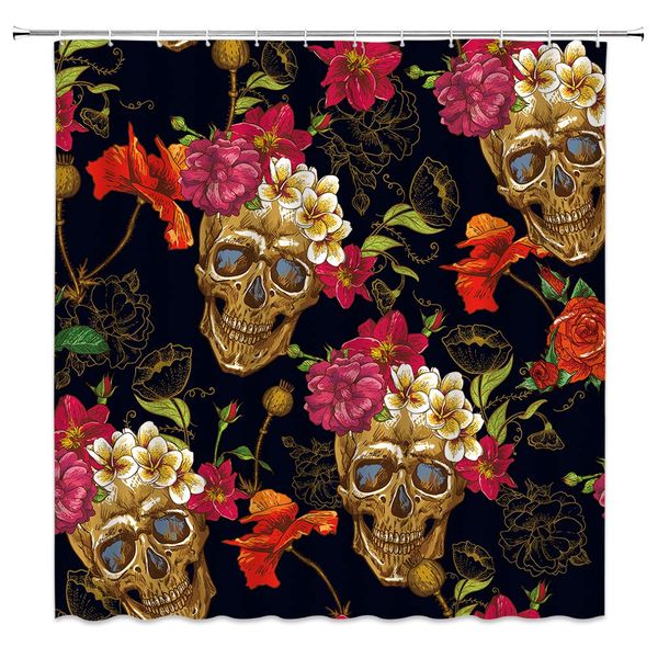 

skulls floral shower curtain decor red rose hibiscus flower death day sugar skull black background halloween fabric bath