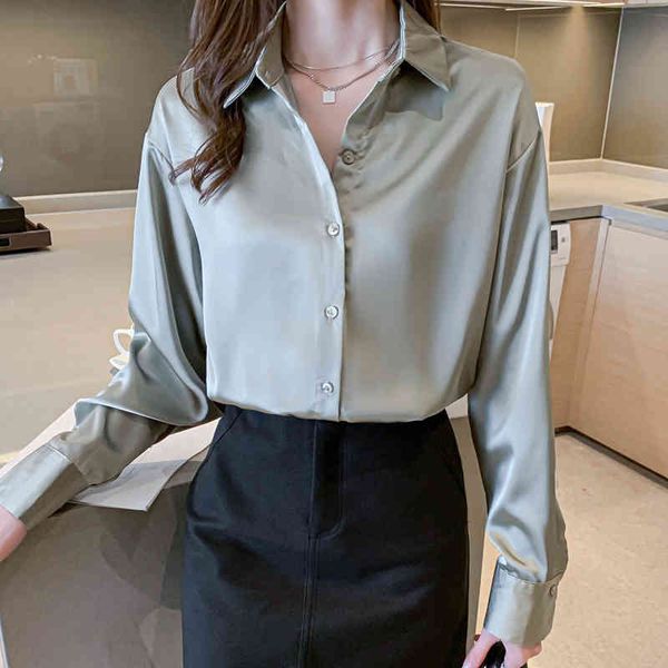 Koreanische Seide Frauen Hemden Satin Blusen Langarm Hemd Tops Büro Dame Mint Plus Größe Frau Bluse XXL 210427