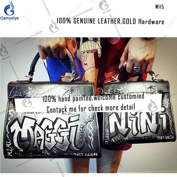 

black white punk cool painted customized name letter hand draw print h women totes cowhide handbags gifts genuine leather bags