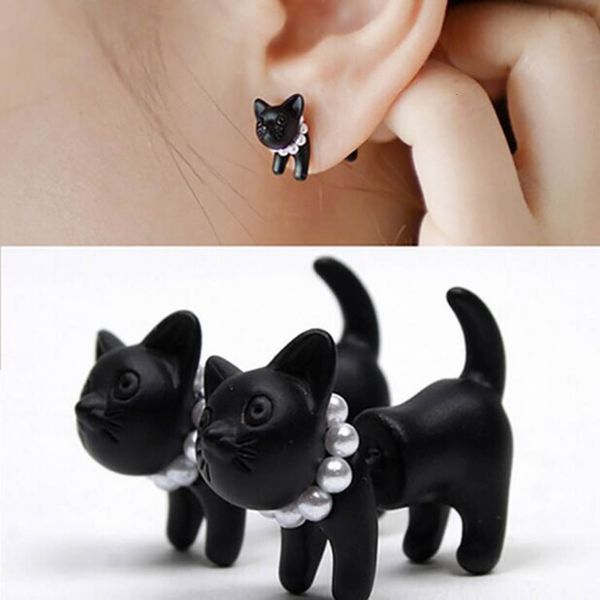 

black puncture double-sided back pearl cute kitten earrings female earrings