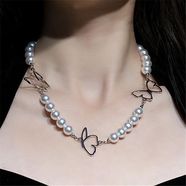 

kpop hollow silver color butterfly pearl exaggeration clavicle chain hip hop necklace for woman girls aesthetic jewelry chokers, Golden;silver