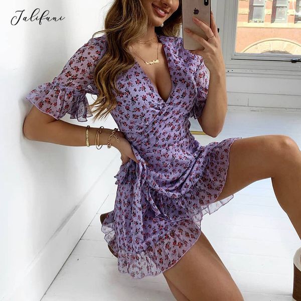 

floral print chiffon dress women v neck mini party dresses short sleeve boho beach wrap dress summer sundress vestidos 210415, Black;gray