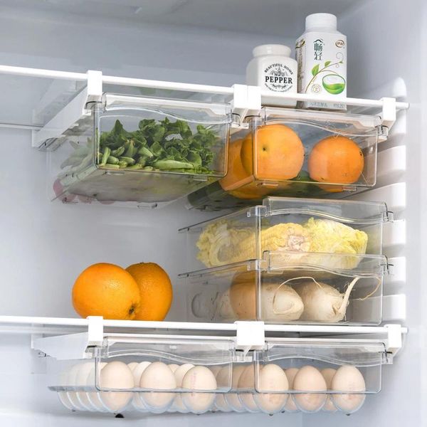 Organizzazione per la conservazione della cucina Organizzatore per frigorifero trasparente in plastica Scivolare sotto il ripiano Vassoio Scatola Porta cremagliera Cassetto Frutta Cibo