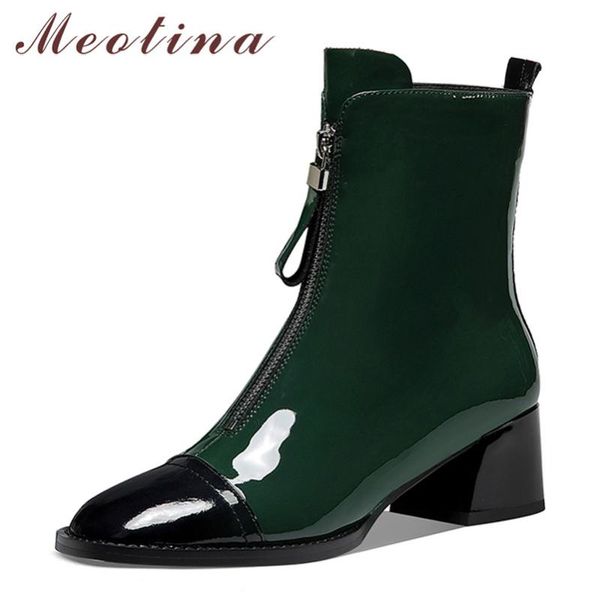 

boots meotina square toe ankle genuine leather woman high heel shoes zipper thick female short autumn winter 40, Black