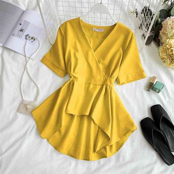 

summer women's shirt korean fashion solid color v-neck short sleeve ruffled shirt womens and blouses gd471 210401, White