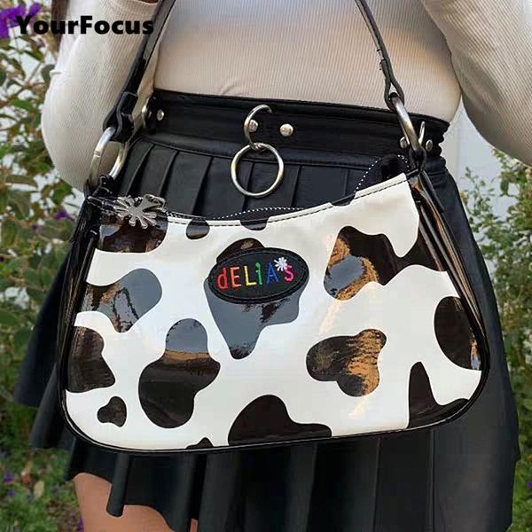 

vintage harajuku pu leather baguette bag kawaii cute sweet cow pattern spot handbag mini underarm axillary pouch cosmetic bags & cases