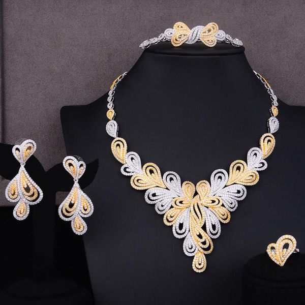 

earrings & necklace larrauri trendy cubic zirconia leaves statement gorgeous jewelry sets for women dubai bridal wedding engagement, Silver