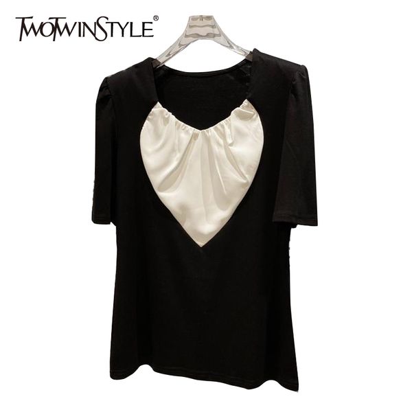

twowinsyle patchwork casual shirt for women o neck short sleeve hit color shirts female summer clothing fashion style 210524, White