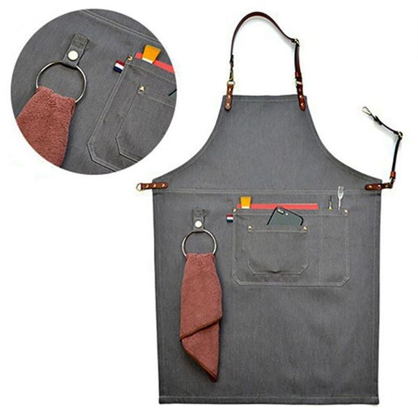 

senior denim cowboy bbq apron bib leather straps kitchen for women men barber cooking restaurant waitress aprons