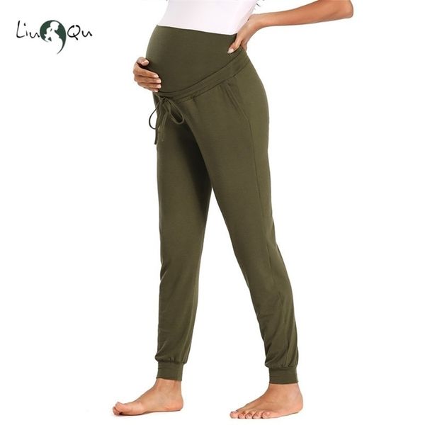 

women maternity active pants drawstring yoga jogger workout pregnancy sportwear sweatpants with pockets pregnant clothes 210918, White