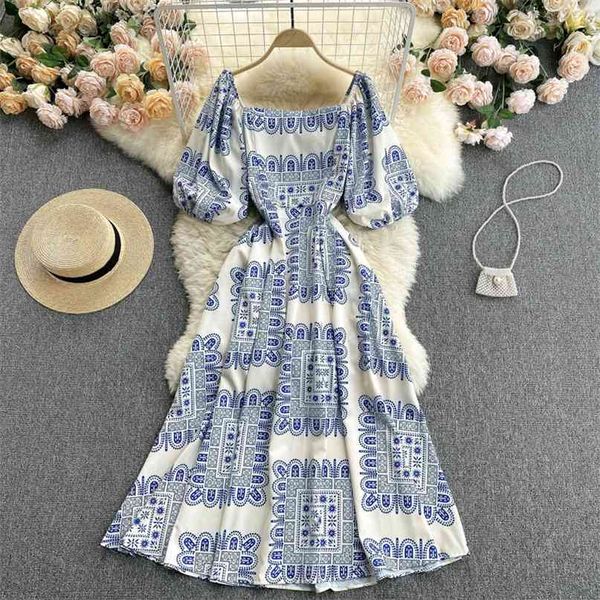 

women fashion spring and summer square collar vintage print short sleeve a-line casual dress korean vestidos s288 210527, Black;gray
