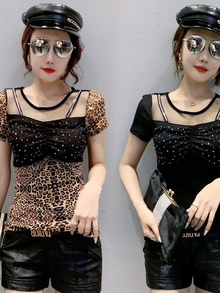 

women's t-shirt summer fashion round neck rhinestone ladies fake two pieces short sleeve pleated mesh western style, White