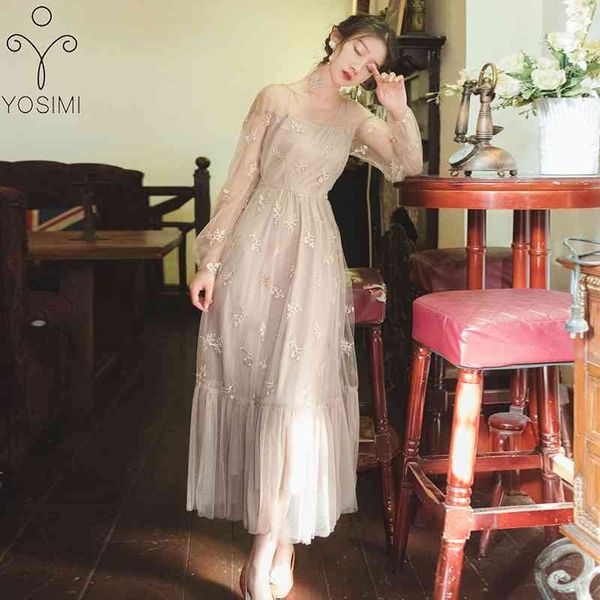 

yosimi mesh long dres full sleeve o-neck floral embroidery party beige midi fit and flare elegant female 210604, Black;gray
