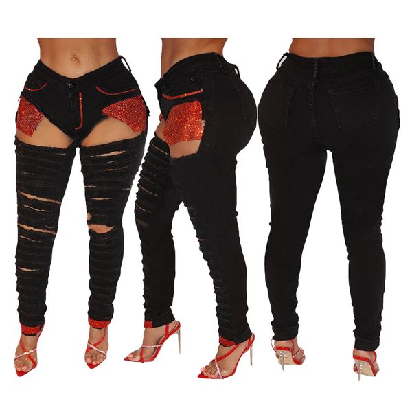 

jean women fashion washed distressed hole hollow out sequin pocket slim-fit jeans ladies high street nightclub denim pants, Blue