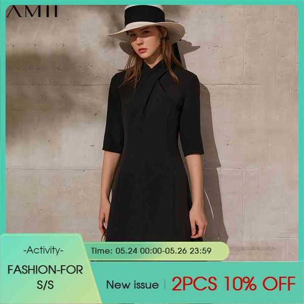 Minimalizm İlkbahar Yaz kadın Elbise Nedensel Katı Slim Fit Diz Boyu Mizaç Siyah 12130008 210527