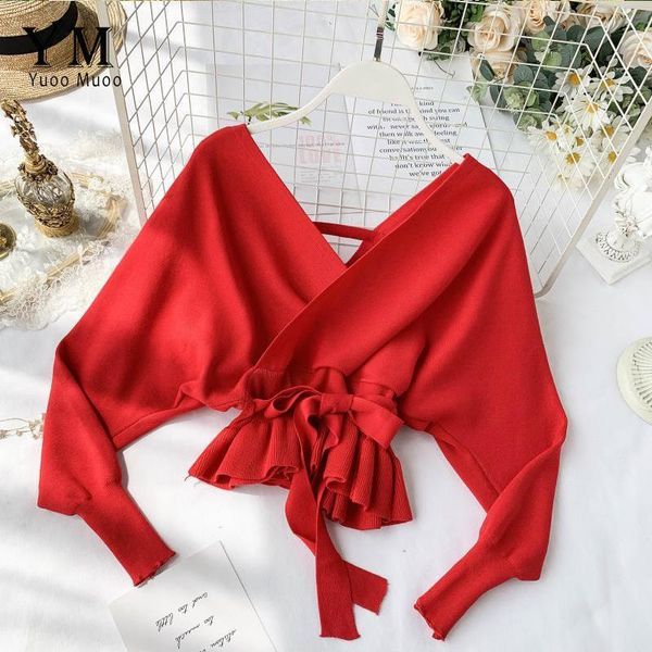 

elegant sashes v neck women sweater knit backless autumn long sleeve ladies ruffle fashion pullover, White;black