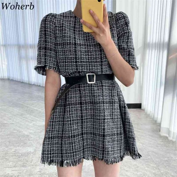 

korean woman dress o-neck short sleeve vintage vestidos plaid tassels robe ol temperament dresses women with belt 94689 210519, Black;gray