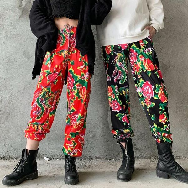 

floral rose waist chinese style straight pants 2021 plus leisure street elegant lady elastic trousers men's, Black