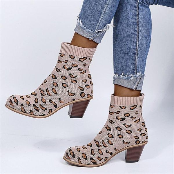 

boots prowow knitted stretchy leopard patterned block low heels slip-on ankle boot female pointed toe plus size botas cortas, Black