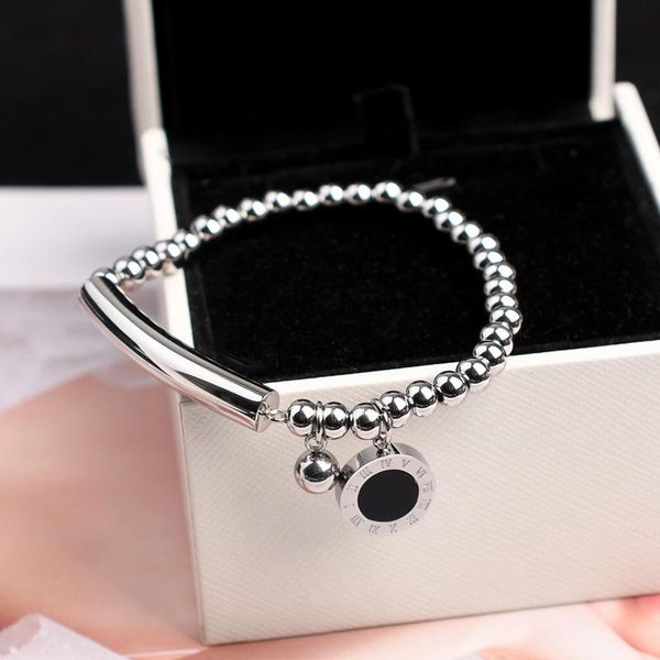 

link chain vintage roman numerals round pendant bracelets stainless steel beads fashion friends jewelry accessories, Black