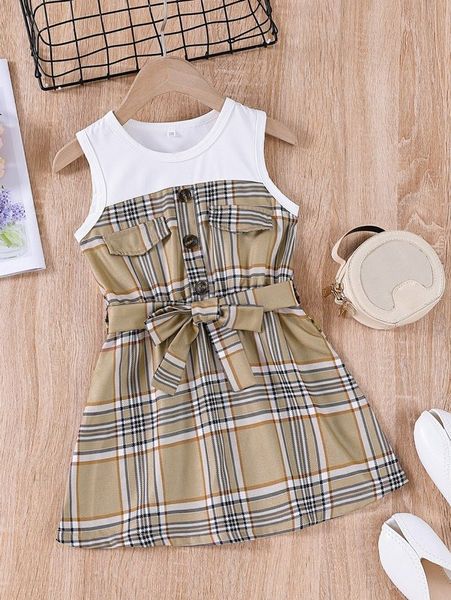 

toddler girls plaid fake button belted dress she, Red;yellow