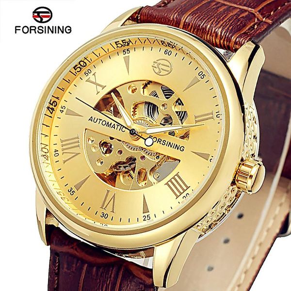 

brand golden black mens mechanical watch male genuine leather automatic wristwatch waterproof clock relogio masculino wristwatches, Slivery;brown