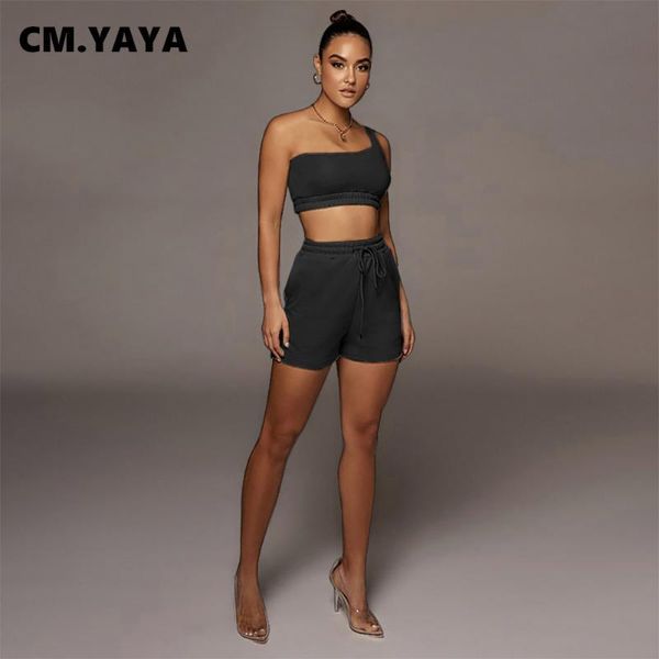 

women's tracksuits cm.yaya women set solid one shoulder sleeveless crop tanks skinny shorts two 2 piece sets sporty tracksuit summer o, Gray