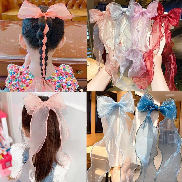

red bow long ribbon hair clip headdress korean back of head hairpin fashion accessories, Slivery;white