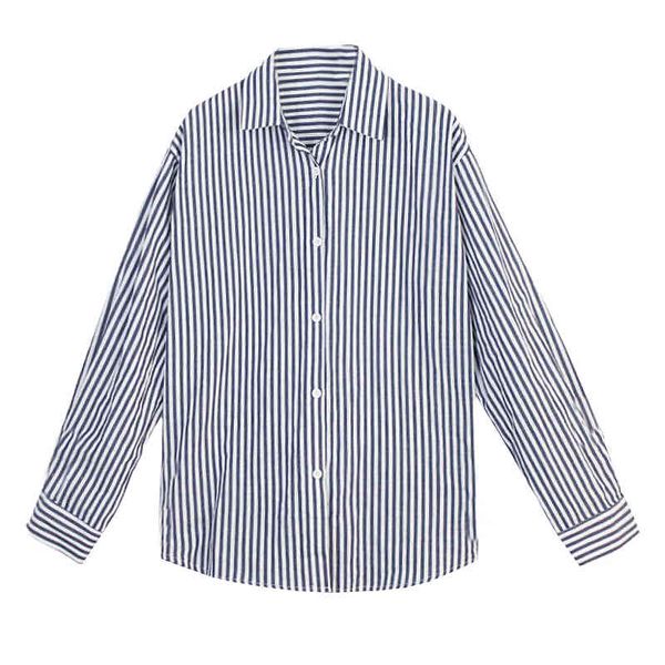 

women stripped shirt long sleeve blue black turn down collar b0418 210514, White