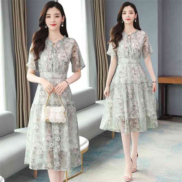 

vintage chic print chiffon sweet midi dress spring summer plus size solid runway elegant women bodycon party vestidos 210528, Black;gray