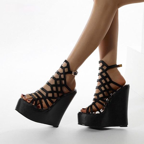

sandals roman ladies platform fashion hollow pu leather open toe ankle strap buckle wedge high heels dress shoes, Black