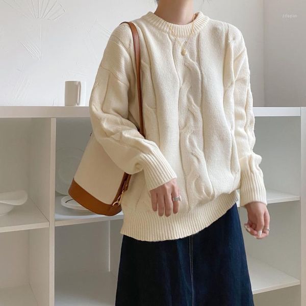 

women's sweaters solid twisted knitted sweater women autumn winter thicken loose jumpers o-neck cashmere pullovers korean elegant knitw, White;black