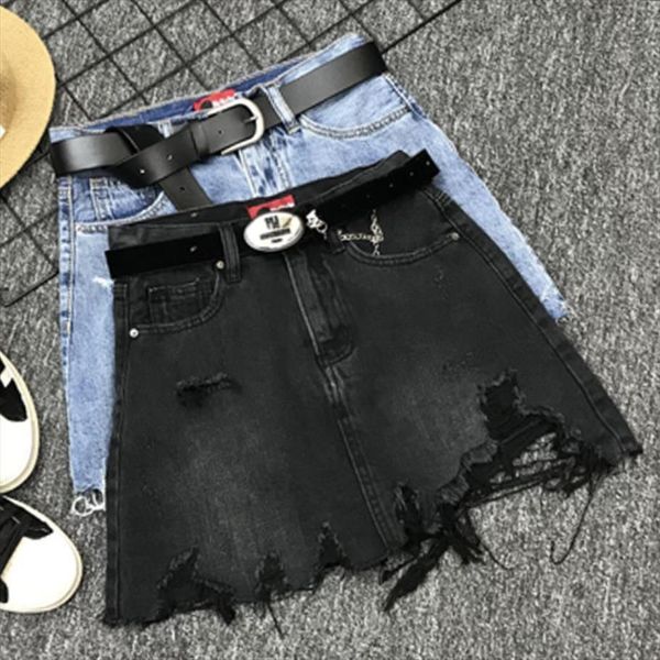

black denim summer hole fashion women skirts high waist tassel jeans mini a line