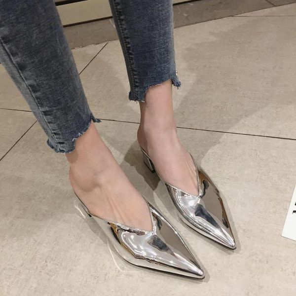 

slippers chunky kitten heel sandals with fashionable pointy toque, Black