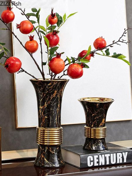

vases black marble texture ceramic vase desk decoration flower pot golden crafts porcelain arrangement home decor modern