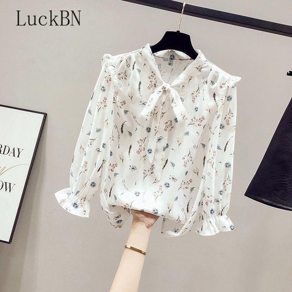 

women's blouses & shirts woman summer blouse 2021 floral bow chiffon loose plus size long sleeve fashion women shirt female blusas muje, White