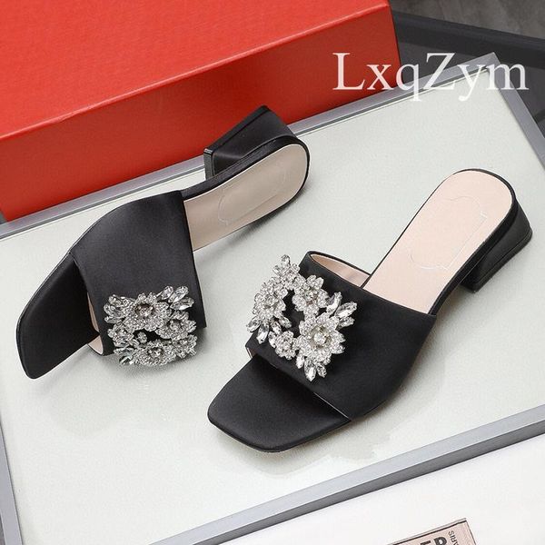 

fashion women summer open toe sandals silk rhinestone decor luxury slippers natural leather comfortable slides, Black