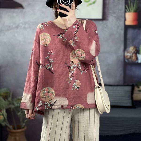 

women's t-shirt 2021 literary national floral tshirt long-sleeved soft cotton and linen v-neck casual loose spring clothes, White