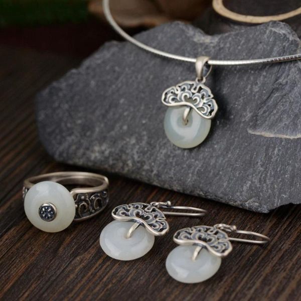 

cluster rings 925 sterling silver jade for women natural gemstone pendant flower design vintage style jewelry, Golden;silver