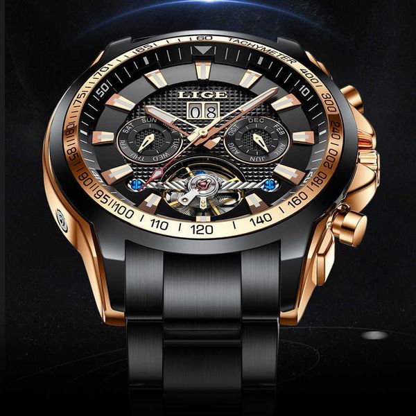 

lige men watch mechanical watches for men luxury sapphire glass automatic wristwatch men 100m waterproof reloj hombre 210527, Slivery;brown