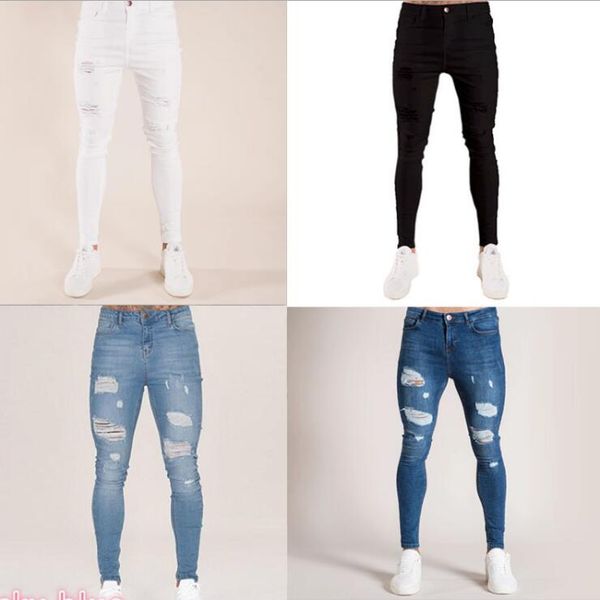 

european and american cross-border new autumn white hole men's jeans fjn033 black slim high waist fashion men jean, Blue
