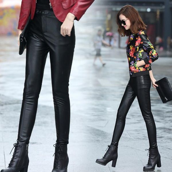 

women's pants & capris autumn winter haining leather trousers women wear and cashmere was thin sheepskin high waist feet, Black;white
