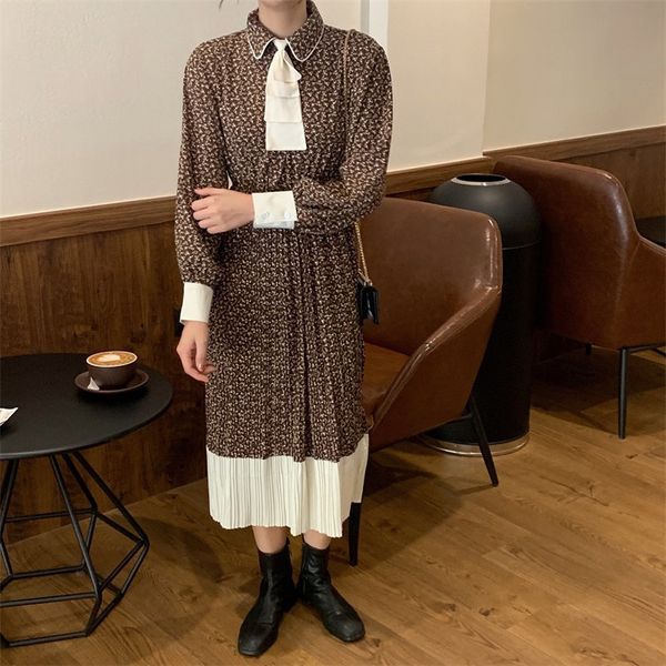 

french gentle pleated elastic-waist color-hit print slim women retro casual high street all-match loose dresses 210421, Black;gray