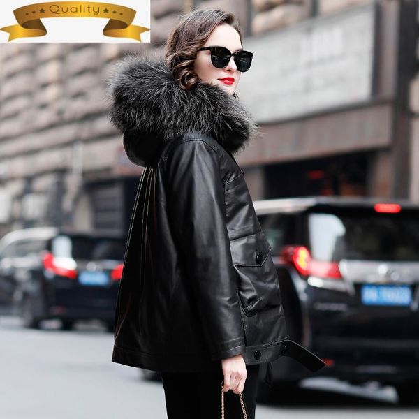 

women's leather & faux women genuine jacket warm sheepskin coat female hooded winter down jackets raccoon dog fur collar mujer chaqueta, Black