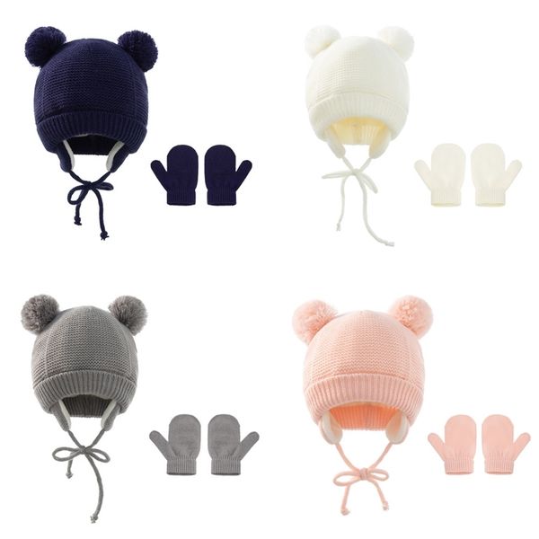 

2021 winter warm newborn baby knitted hat solid color children's ourdoor crochet hat + gloves two-piece set with double plush ball kids, Yellow